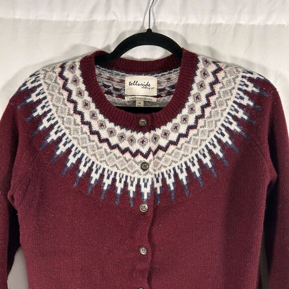 Telluride lambs Wool Cardigan Women's Medium Red White Knit Button Front - Picture 2 of 9